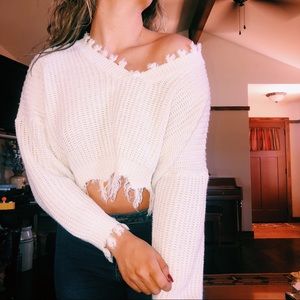 white distressed cropped sweater